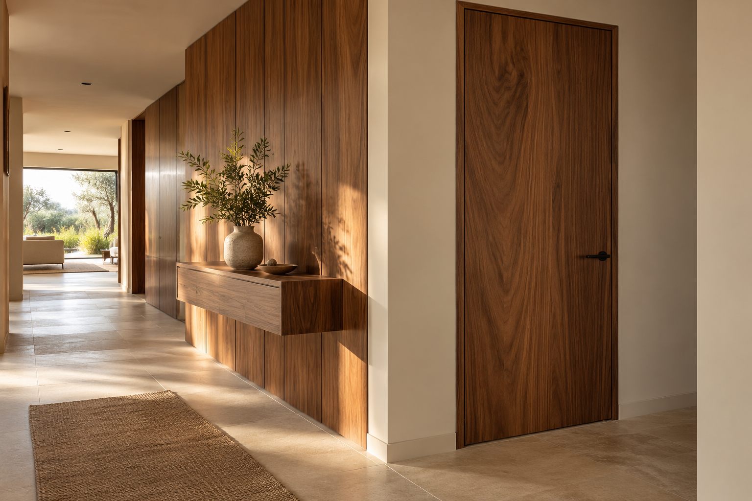 Puerta interior de madera y mobiliario